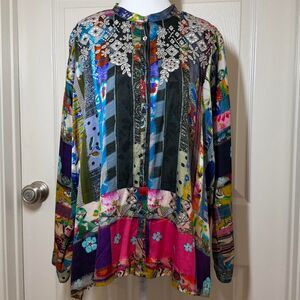 Johnny Was Silk Patchwork Eyelet Embroidery Boho Earthy Animal Blouse Size S